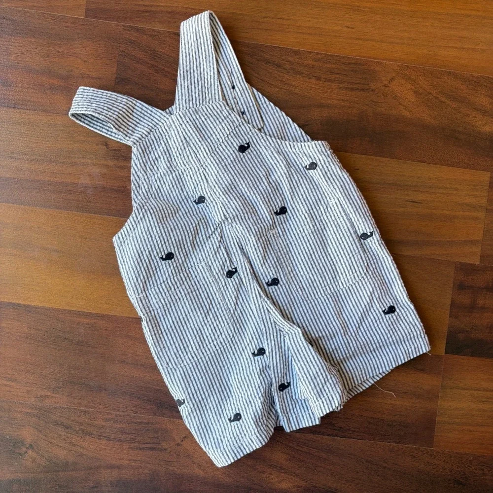 Gymboree Baby Seersucker Whale Embroidered Shortall Overalls Blue White 3-6M